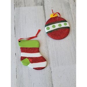 Ceramic red white striped stocking ball ornament Xmas set